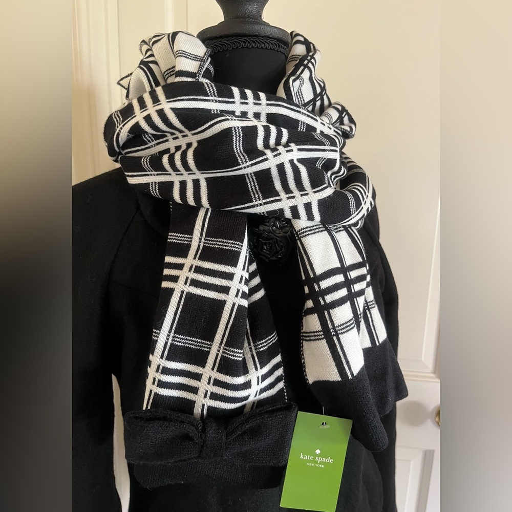 NWT Kate Spade Black and White Plaid Scarf and Matching Beanie - Picture 5 of 12